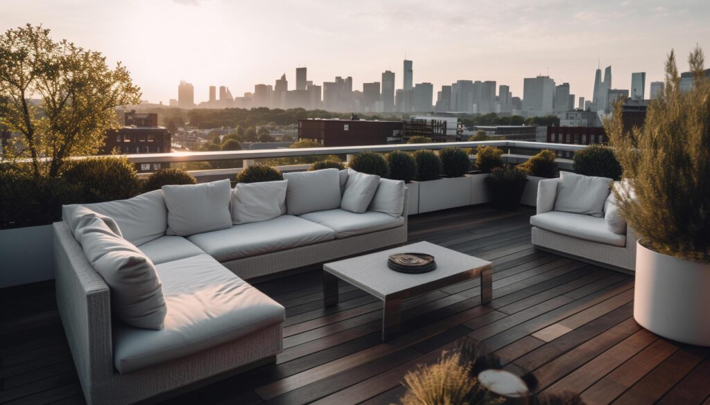 Luxury apartment balcony overlooks urban skyline at dusk Stock Free