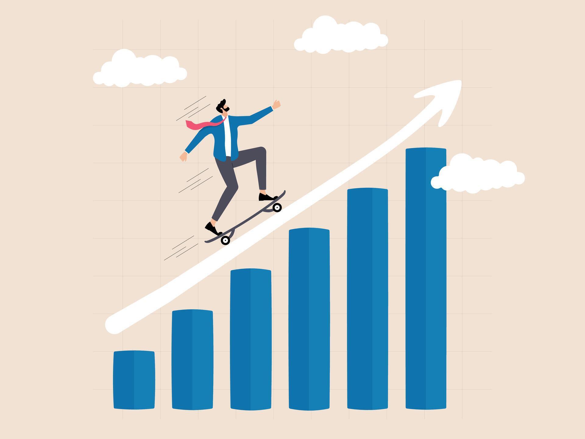 business man riding a skateboard in the direction of rising graph Stock Free