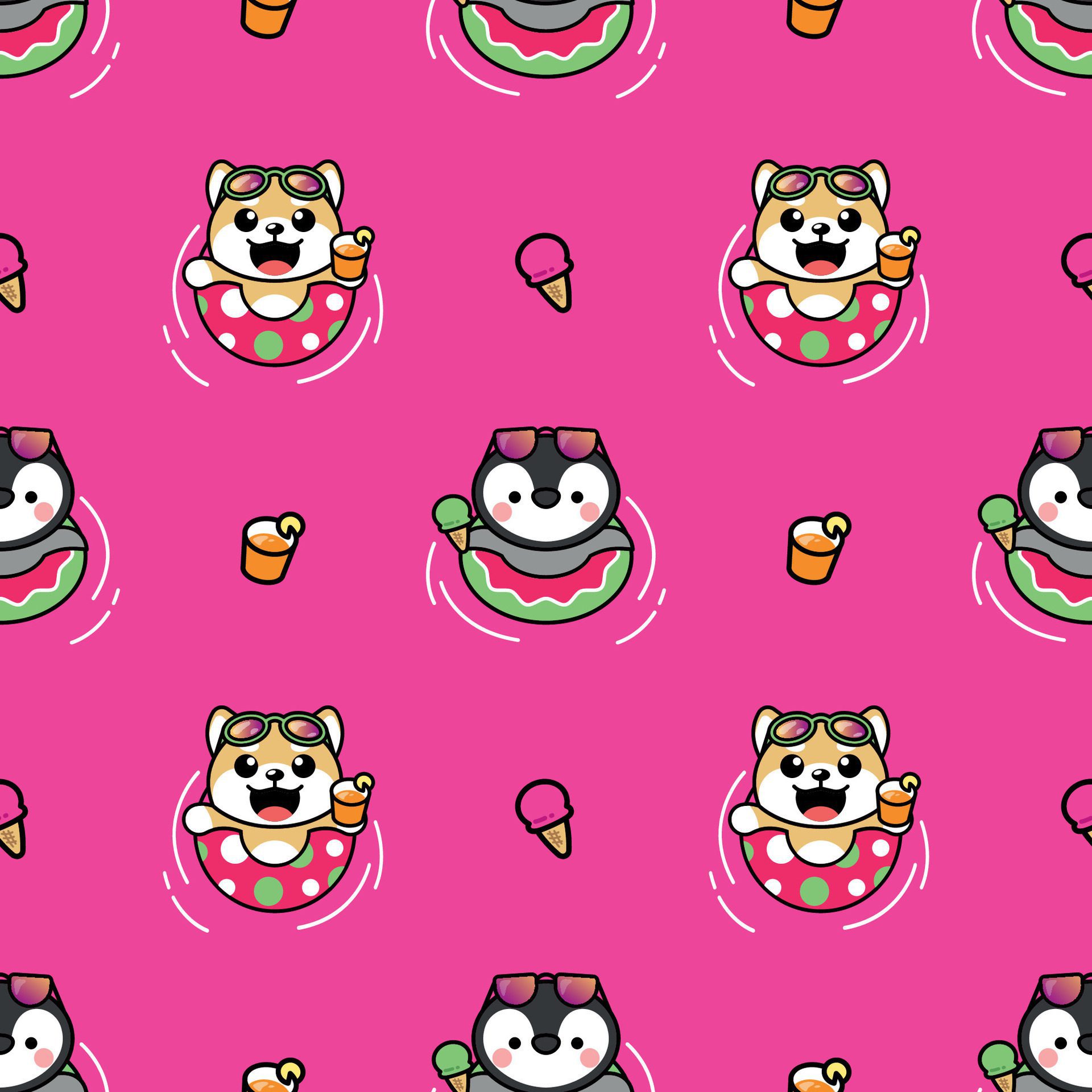 CUTE SHIBA DOG AND PENGUIN SUMMER THEMES SEAMLESS PATTERN Free Vector