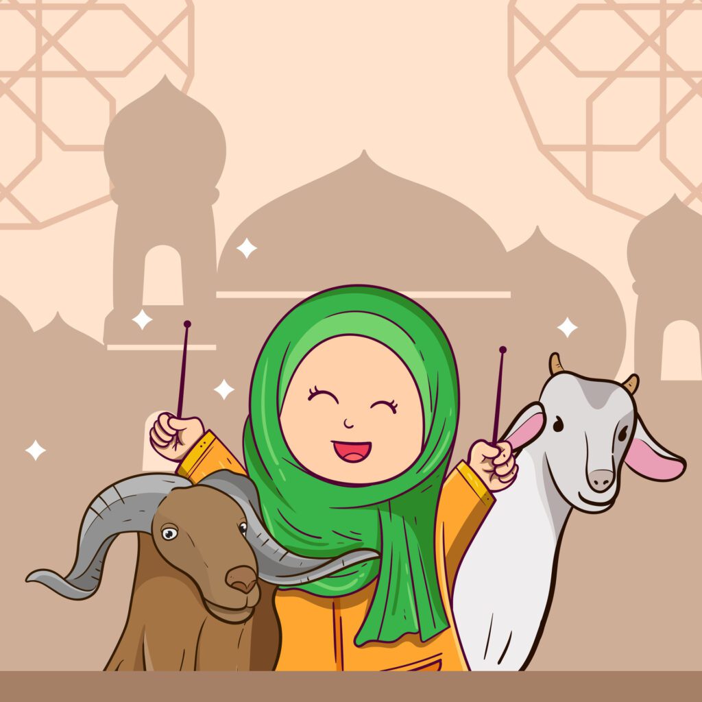 Eid al Adha greeting card. cartoon muslim family celebrating Eid al Adha with goats, stars and mosque as background Free Vector