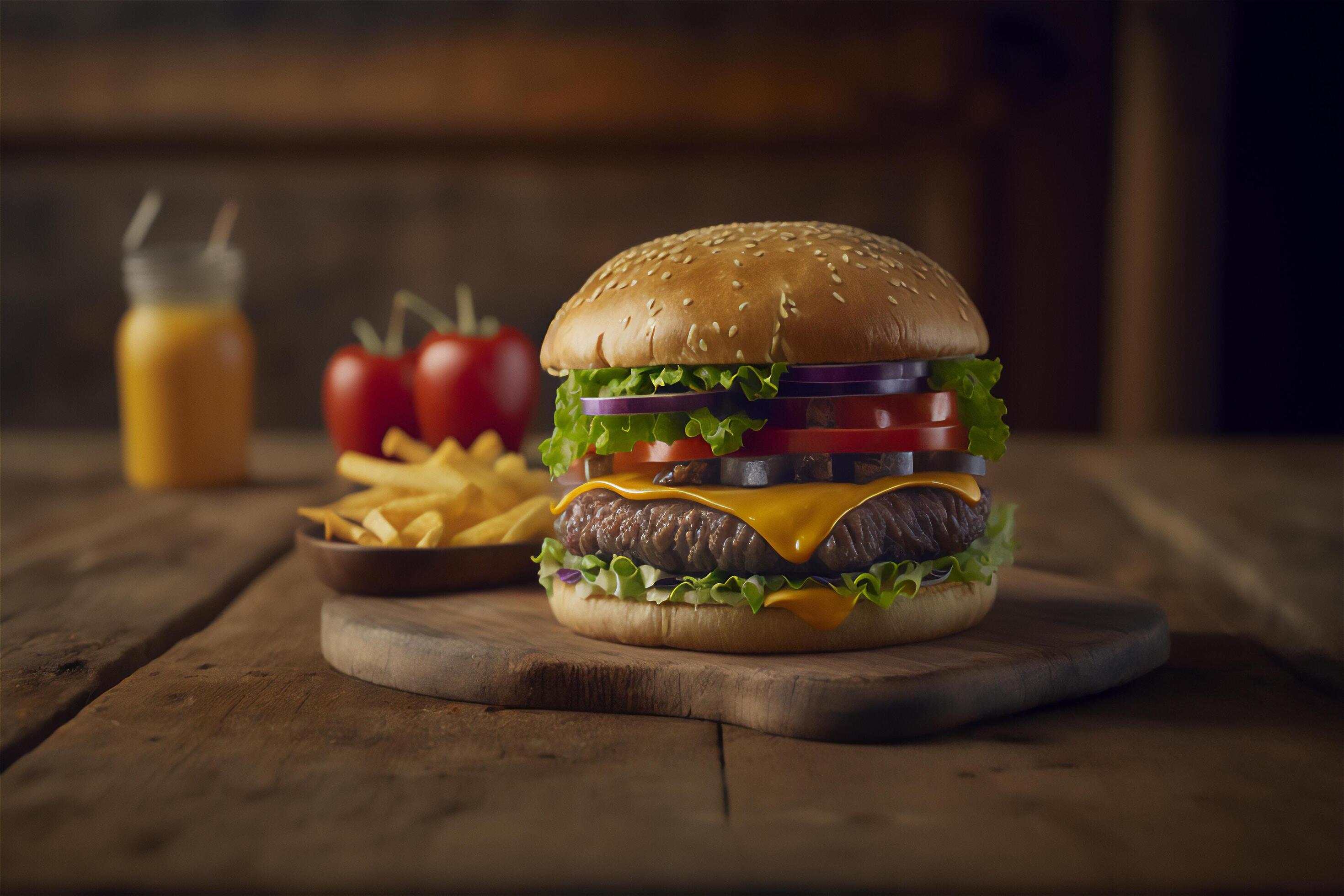 Tasty homemade hamburger on rustic wooden table. Copy space. Advertising. . Fast food snack Stock Free