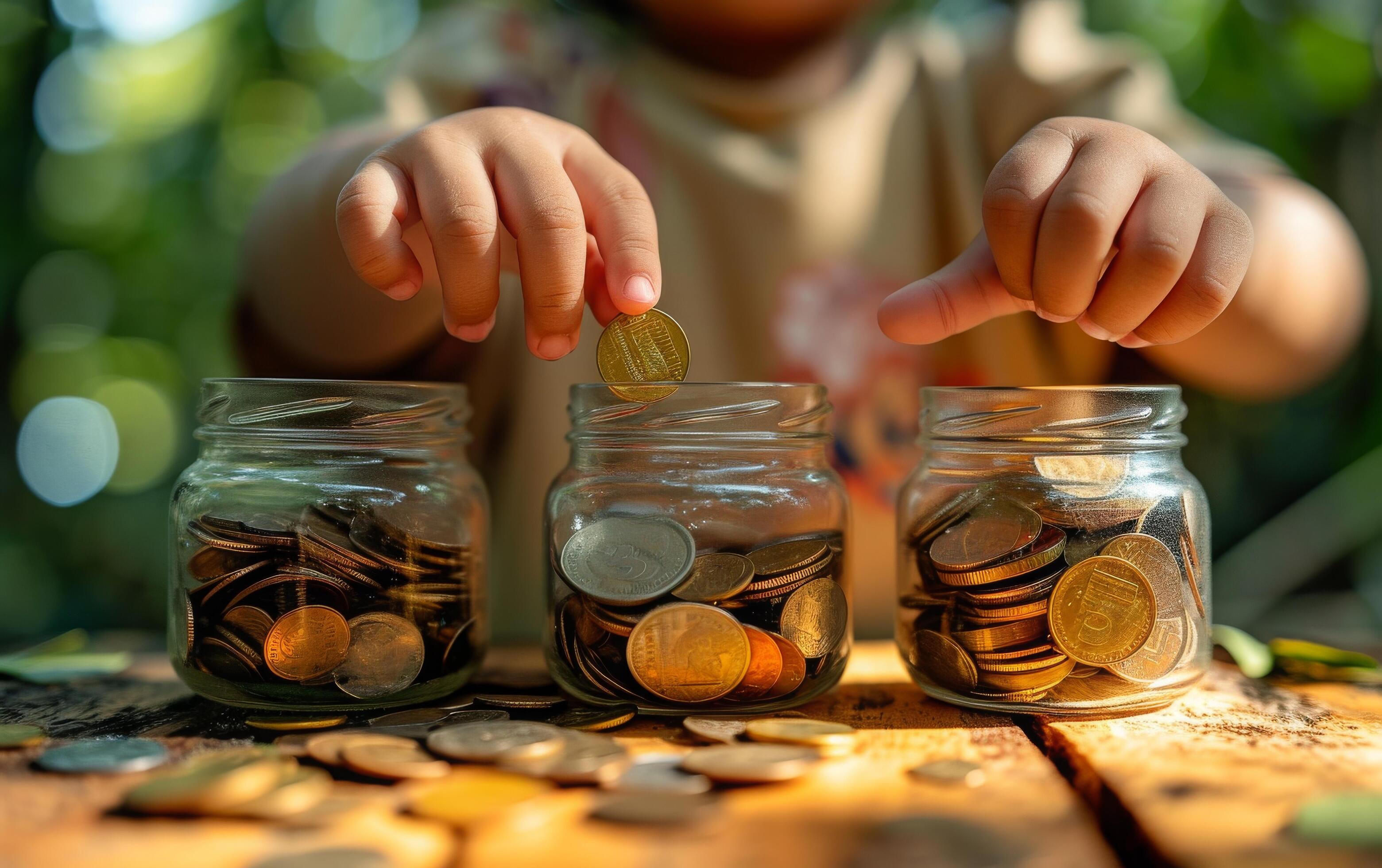 AI generated A child hands carefully placing coins into glass jars, symbolizing early financial education Stock Free