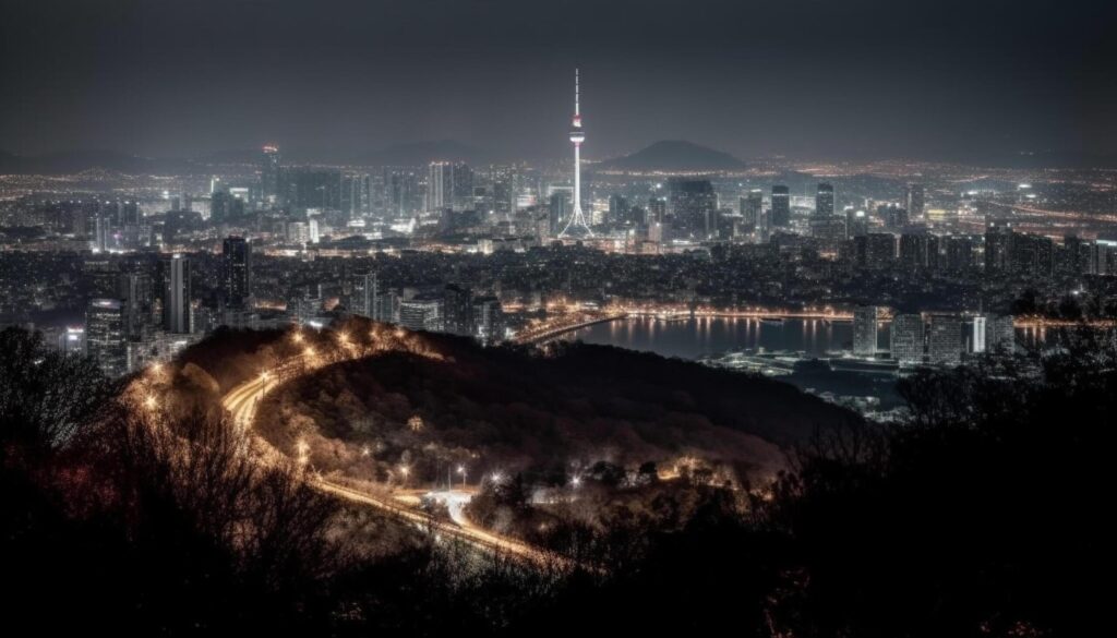 Glowing skyscrapers illuminate the modern city skyline generated by AI Free Photo