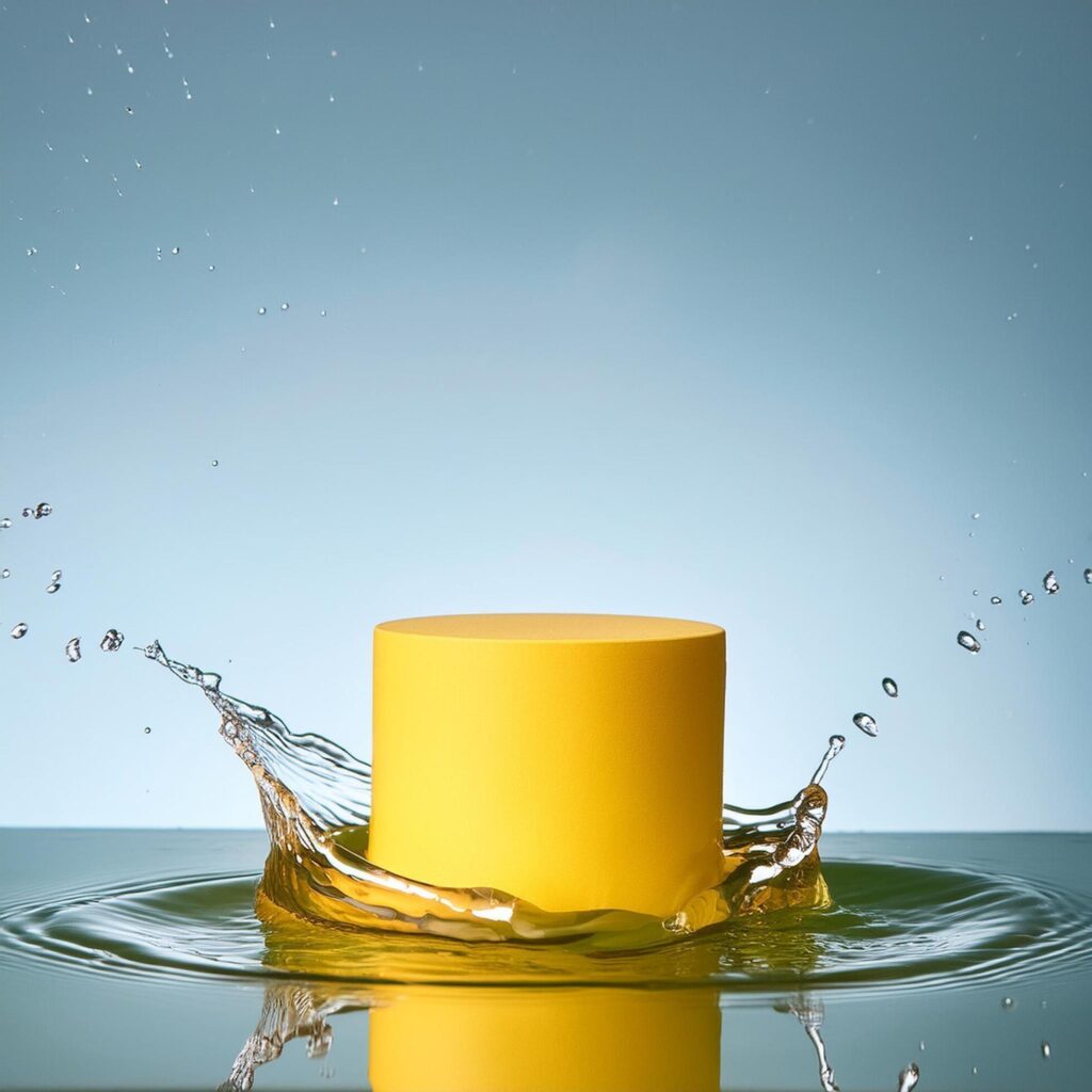 empty yellow podium mockup with water splash on a gradient background for product display Stock Free