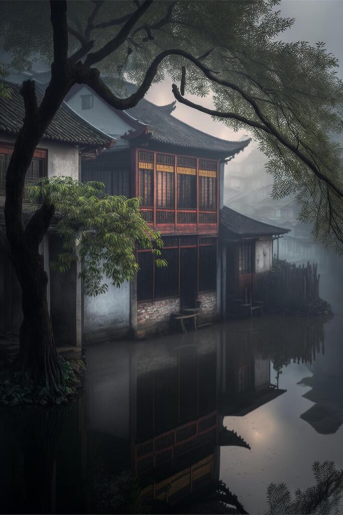 Jiangnan misty rain map. The town is full of quaint house. . Stock Free