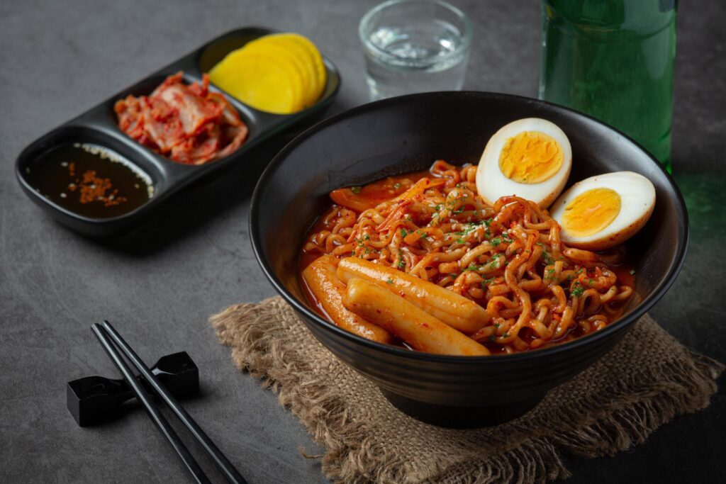 Korean instant noodle and tteokbokki in korean spicy sauce, Ancient food Stock Free