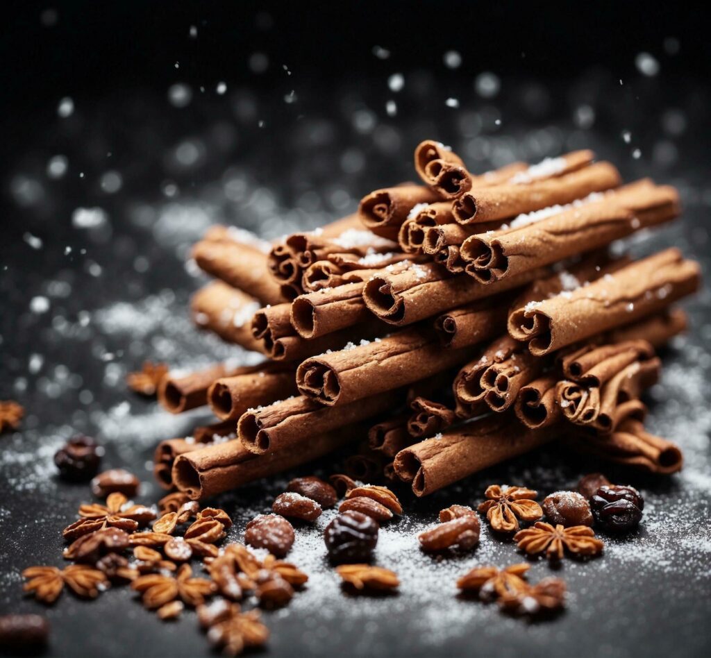 Cinnamon sticks and coffee beans on a black background. Selective focus. Free Photo