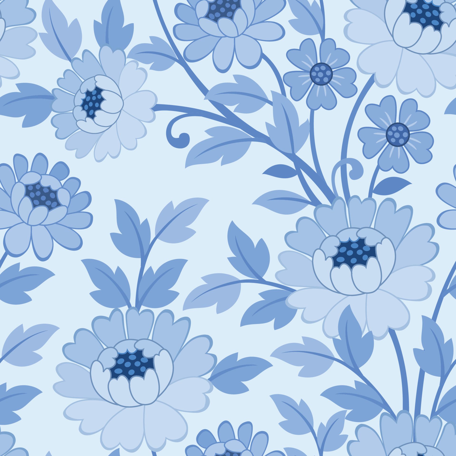 Blue monochrome flower ornament seamless pattern. Free Vector