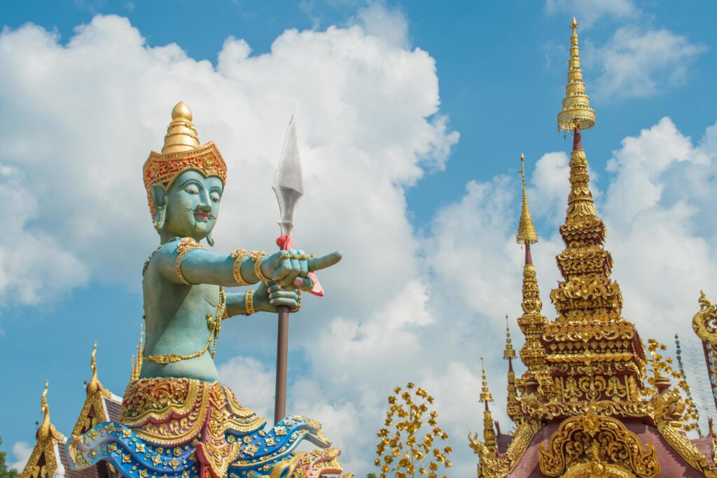 The guardian statue in Wat Sangkaew Phothiyan the beautiful modern style temple in Chiang Rai province of Thailand. Stock Free