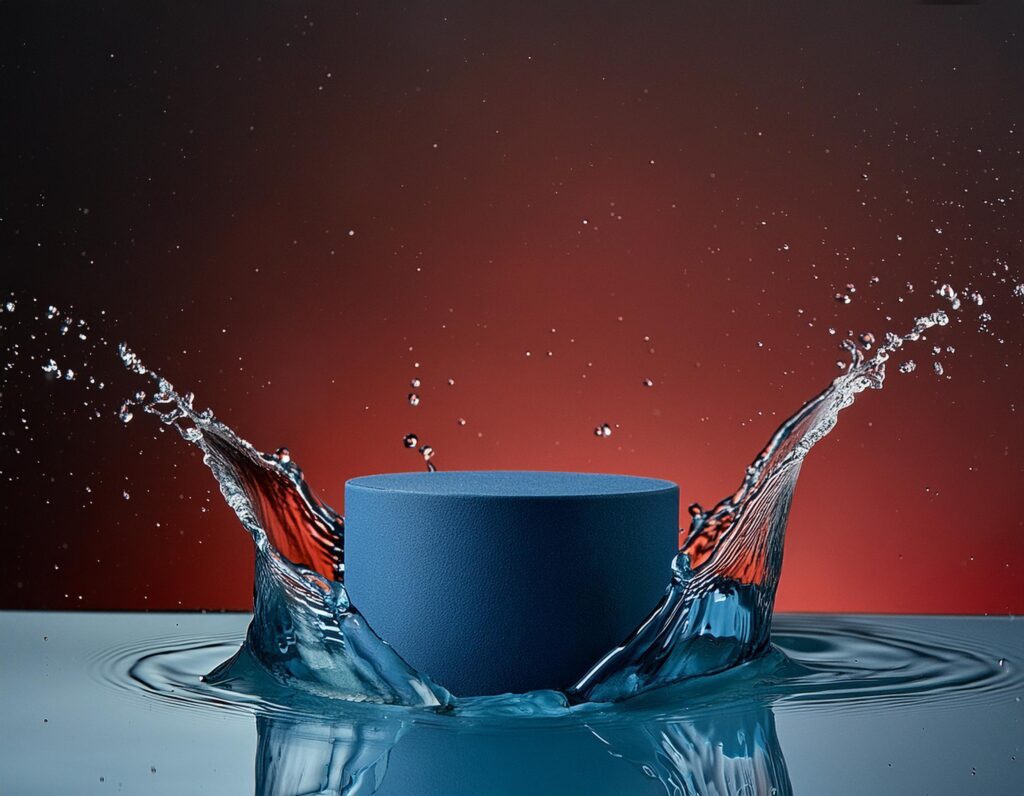 empty blue podium mockup with water splash on a gradient background for product display Stock Free