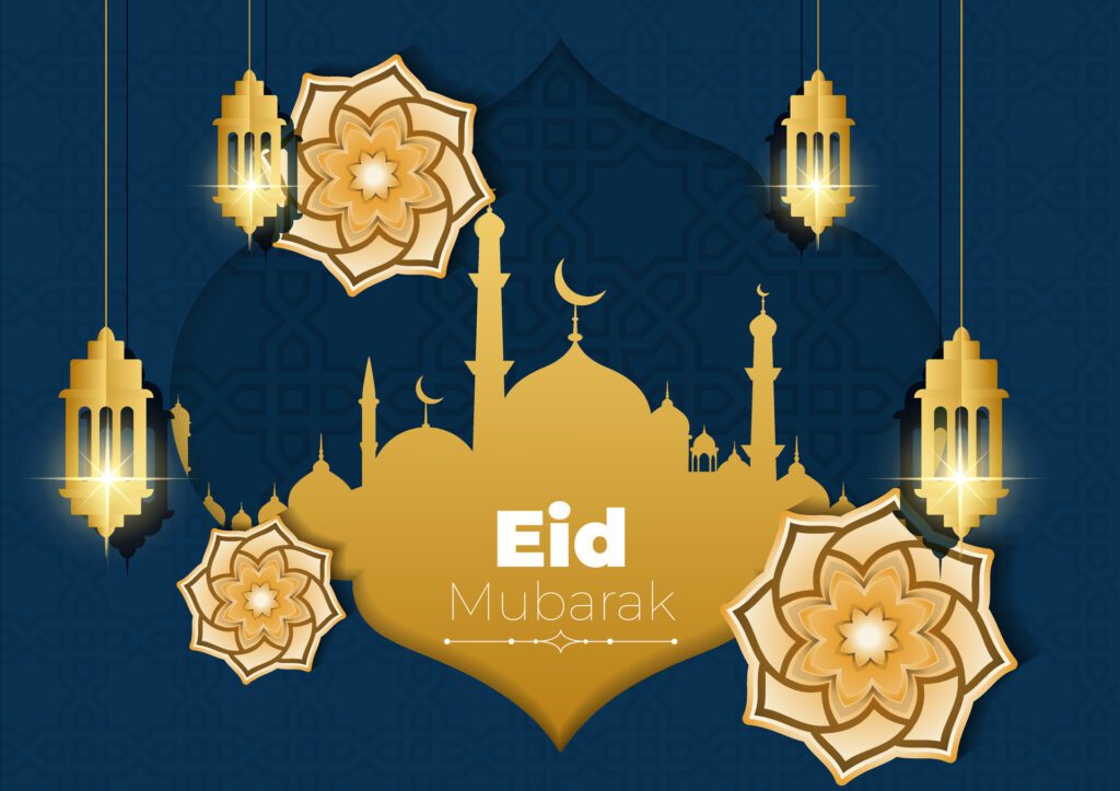 Eid Mubarak Background with Candles and Mosque Free Vector