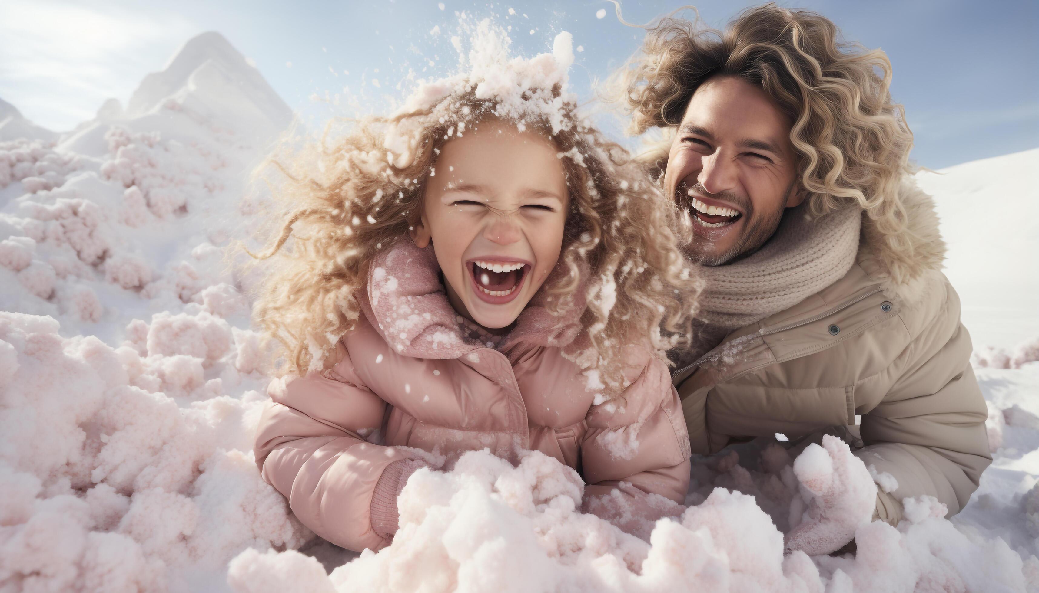 AI generated Smiling family playing in the snow, enjoying winter outdoors generated by AI Stock Free