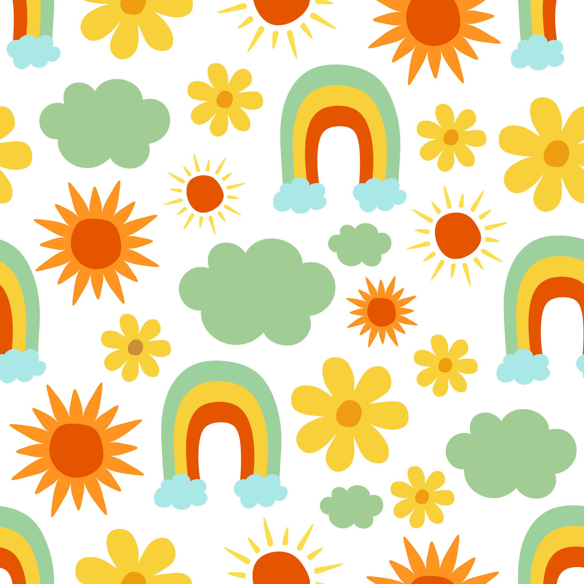 Groovy cute pattern include sun, rainbow, flower and cloud Free Vector