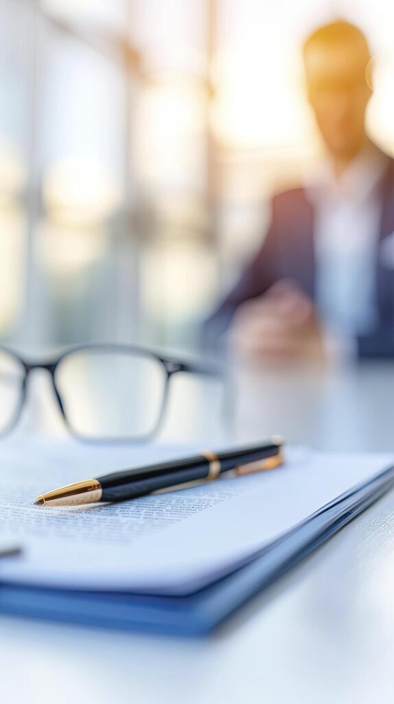 an office desk with pen and paper and blur business people in suits on background Stock Free