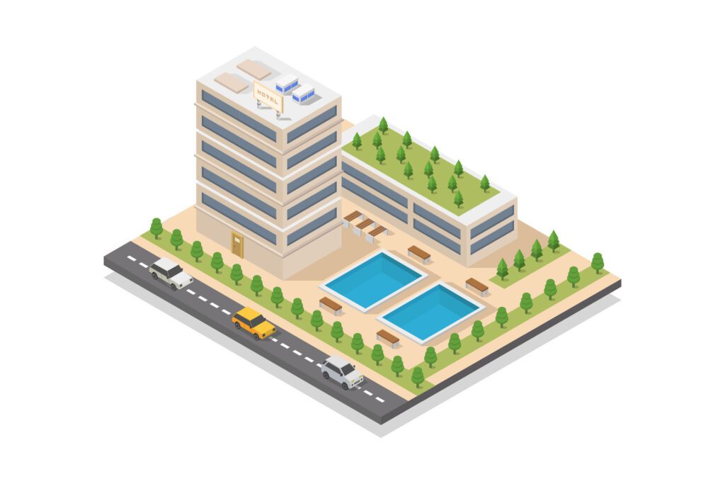 Hotel building isometric on white background Free Vector