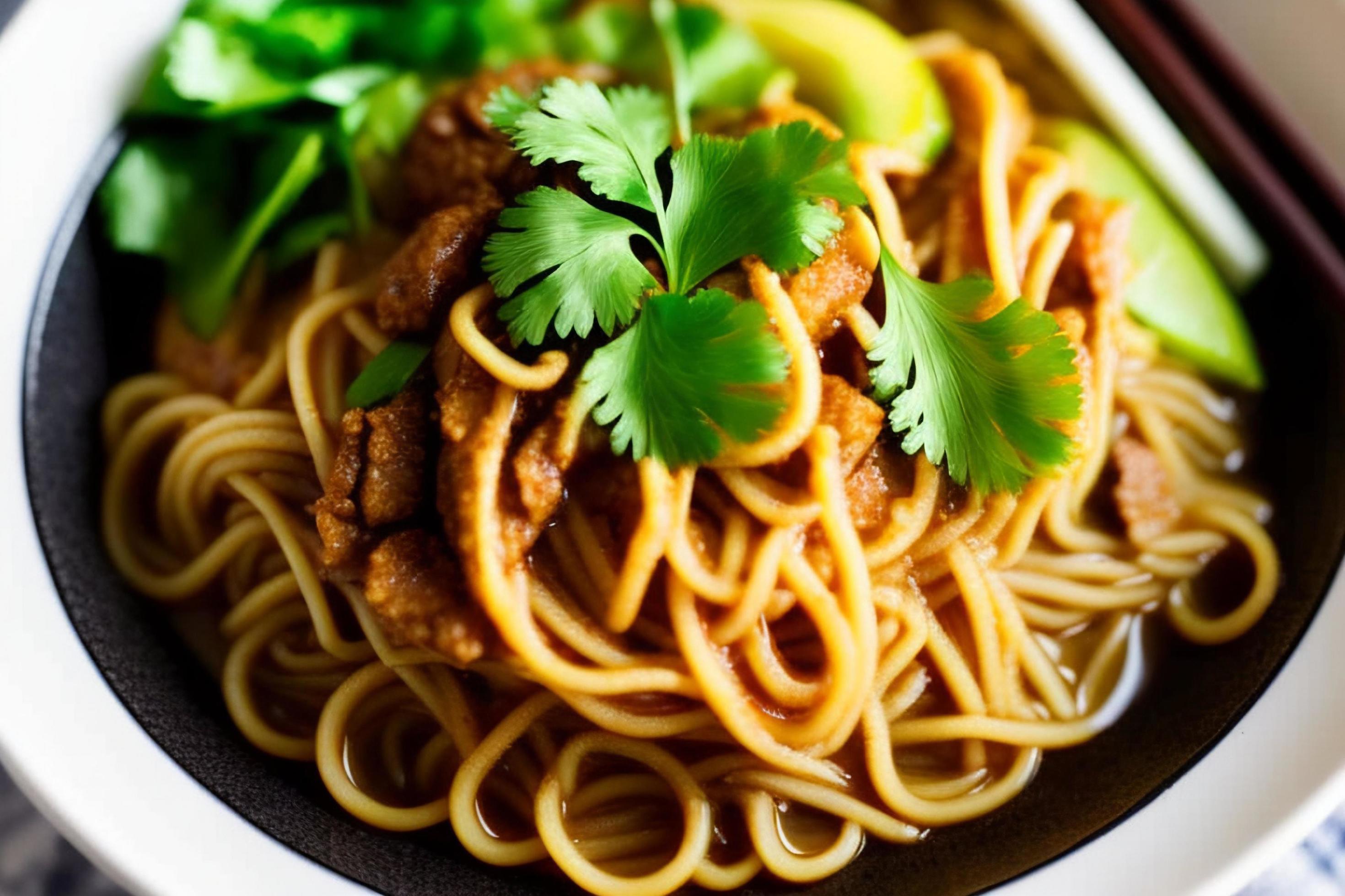 Delicious noodles. Fast food meal with appetizing pasta and chopsticks. Stock Free