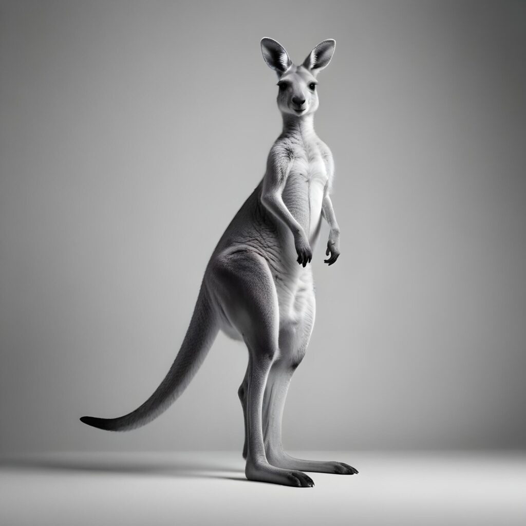 a kangaroo standing on its hind legs in front of a gray background Stock Free