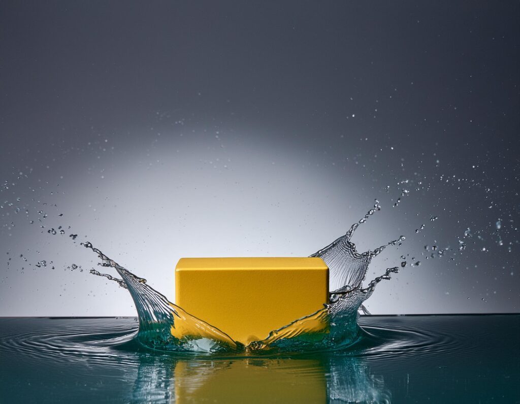 empty yellow podium mockup with water splash on a gradient background for product display Stock Free