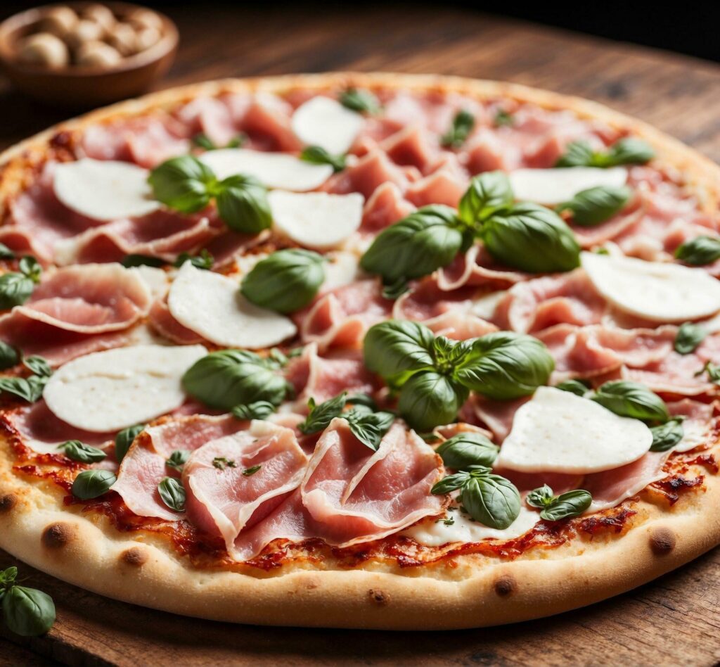 Pizza with prosciutto, mozzarella, and basil on a wooden board Free Photo