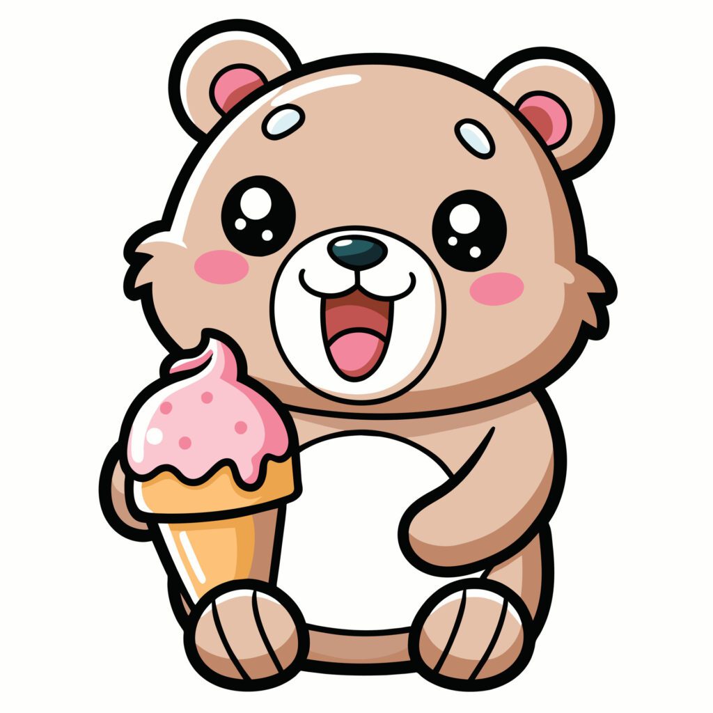 a cute kawaii bear eating ice cream, with clean black outlines, white background Free Vector