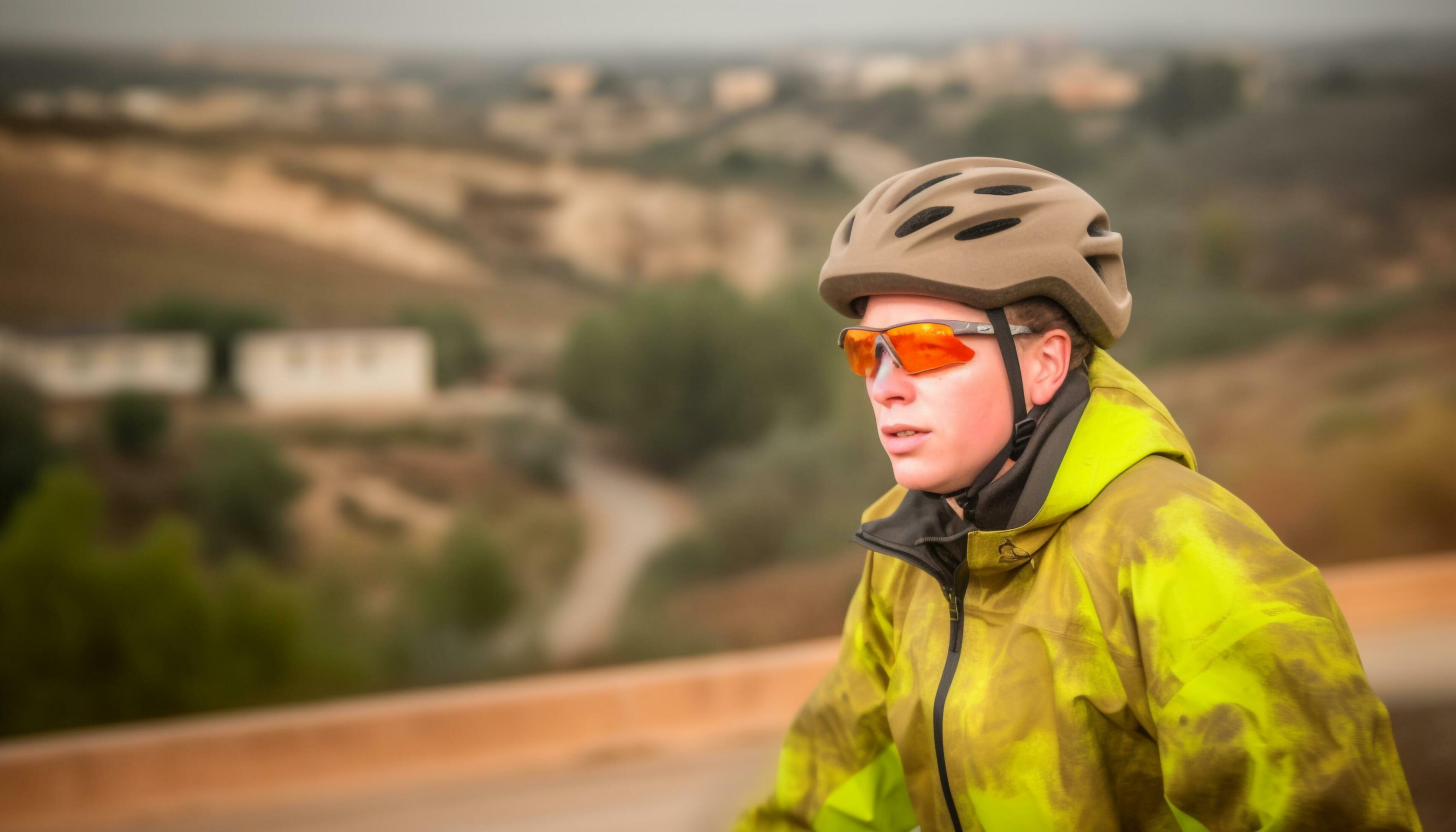 One man cycling through mountain landscape, enjoying healthy lifestyle adventure generated by AI Stock Free