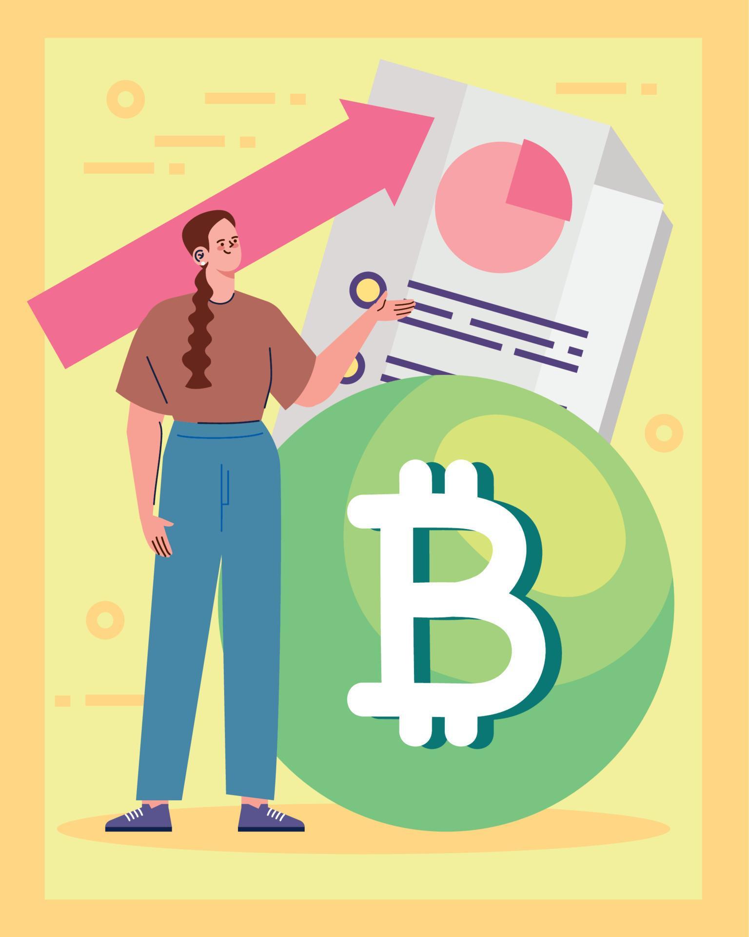 bitcoin with woman and statistics arrow Stock Free