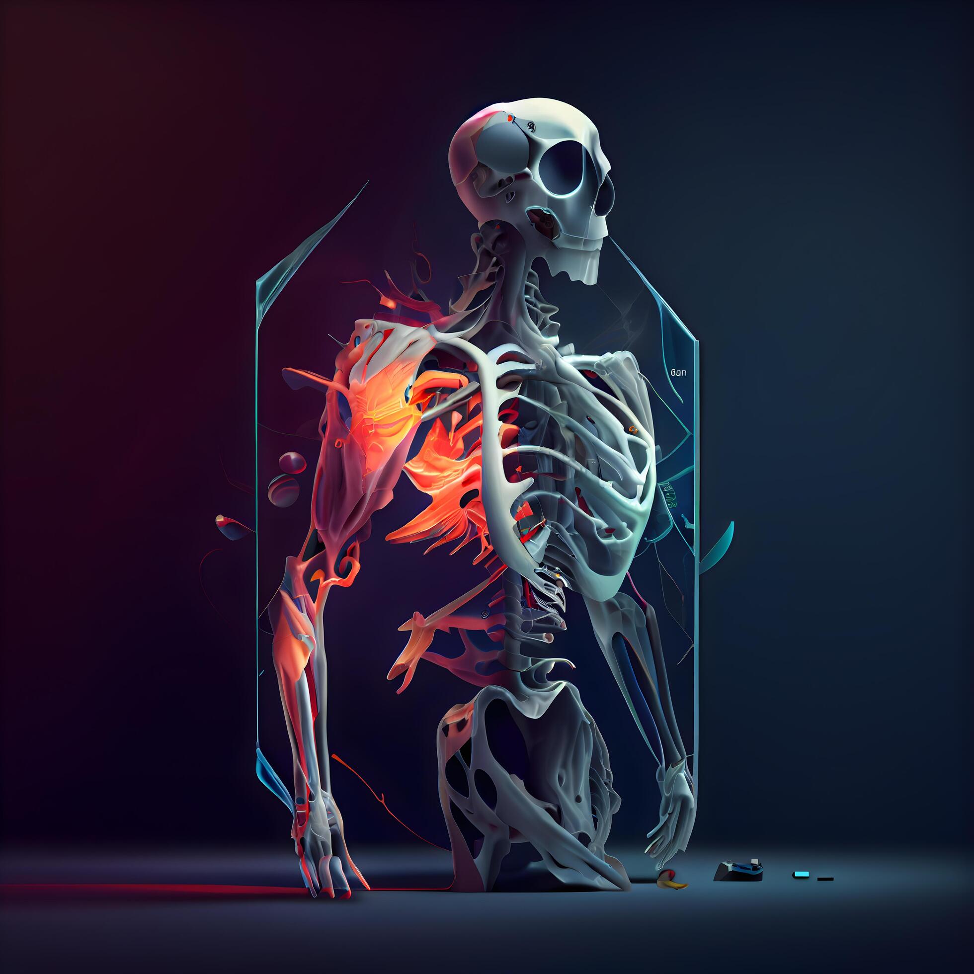 Human skeleton with fire on dark background. 3D illustration. Science and medical concept., Image Stock Free