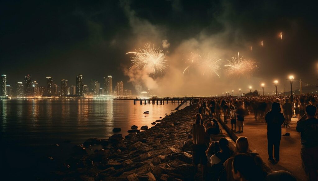 City skyline illuminated by colorful fireworks display generated by AI Stock Free