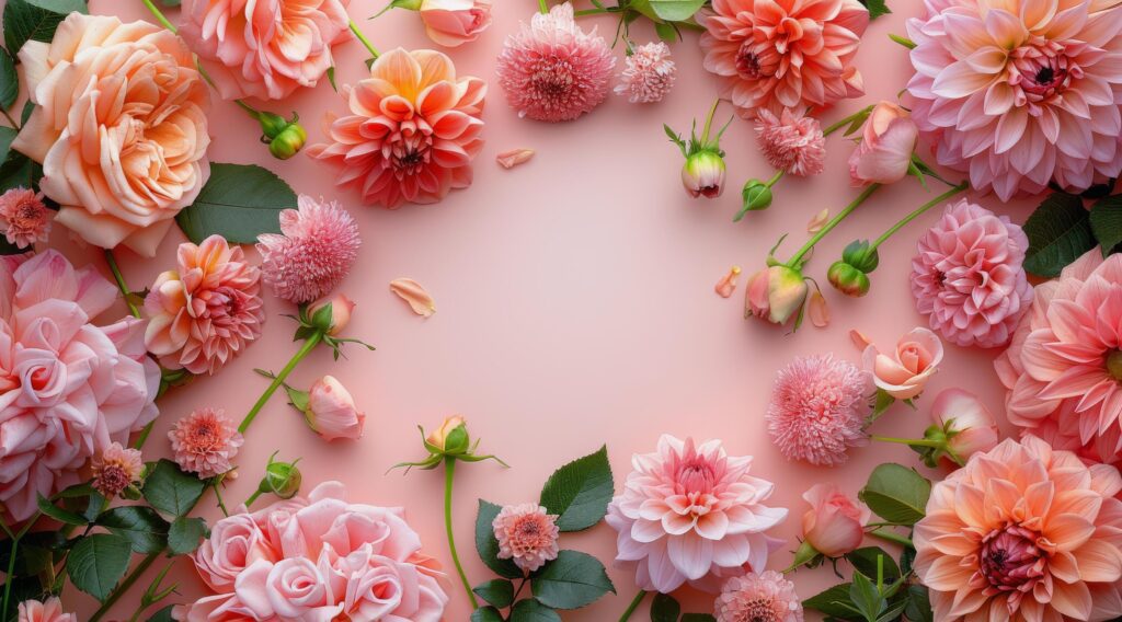 Pink and Orange Flowers Arranged in a Heart Shape on a Pink Background Stock Free