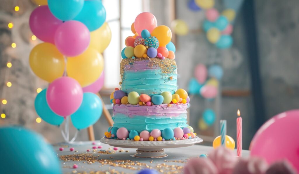 a colorful cake stands on a table with balloons Free Photo