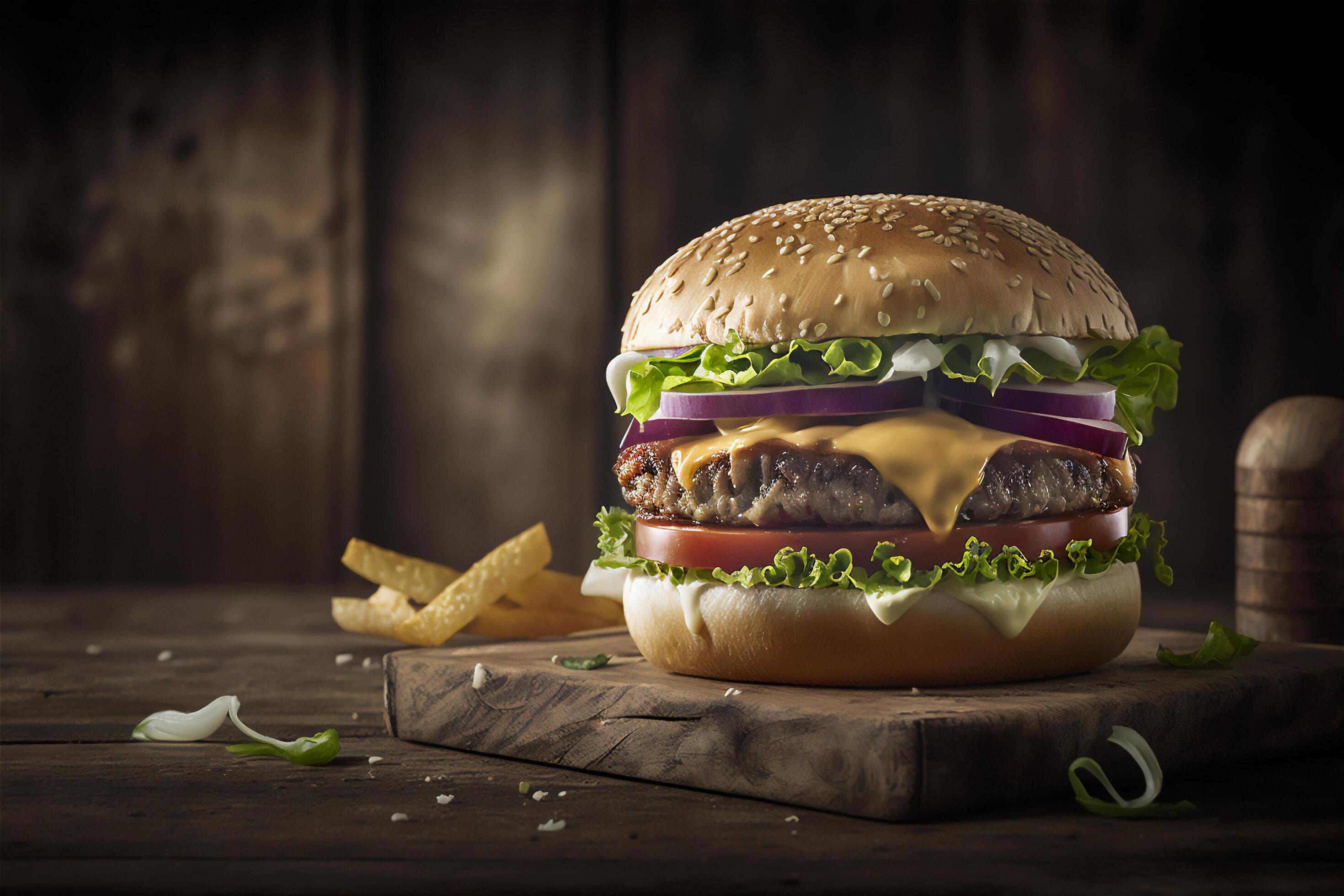 Tasty homemade hamburger on rustic wooden table. Copy space. Advertising. . Fast food snack Stock Free