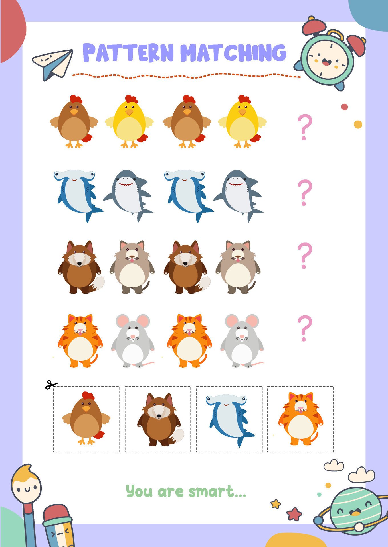 Matching pictures to patterns. Activity worksheet Free Vector