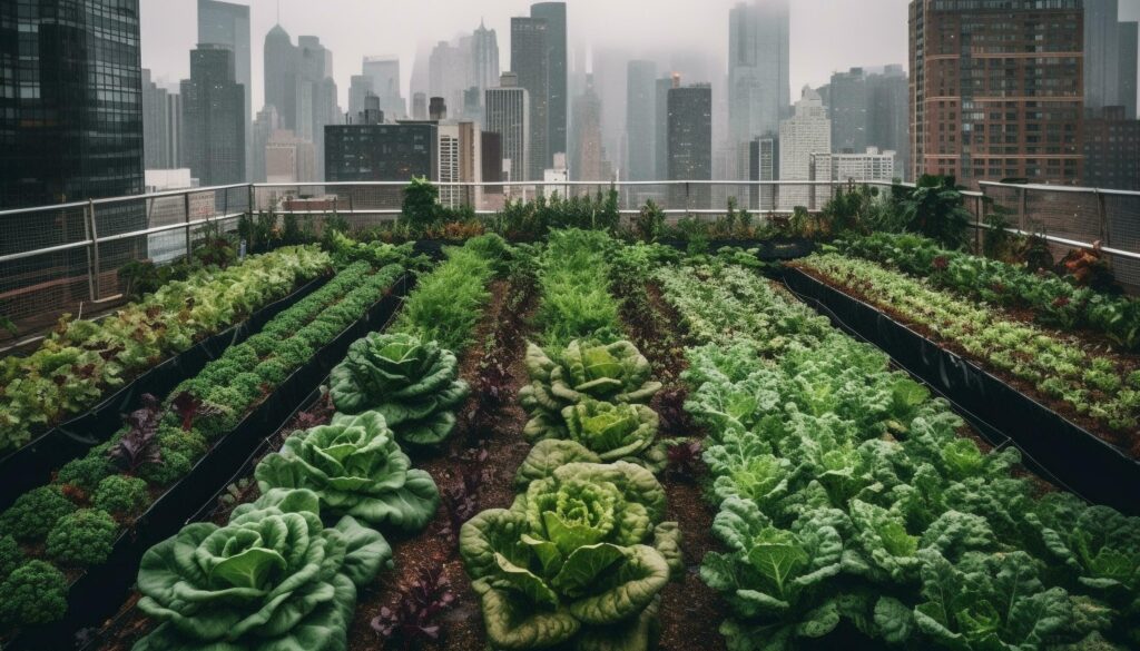 Fresh vegetable salad in modern greenhouse with city skyline background generated by AI Stock Free