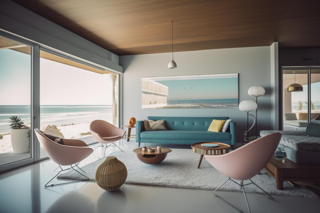 illustration of mid-century modern beachfront villa interior design Stock Free