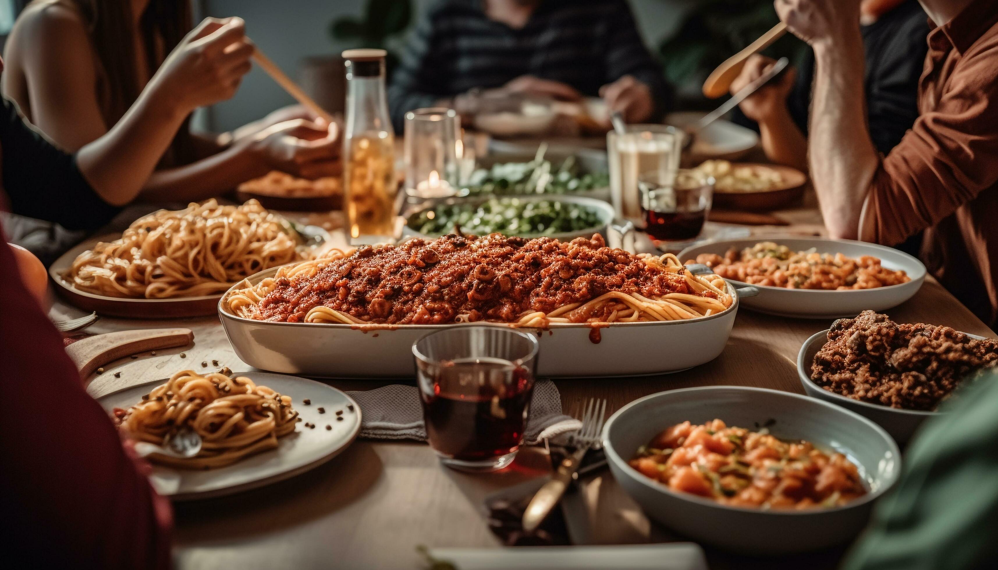 
									Group of people enjoying unhealthy pub food together generated by AI Stock Free