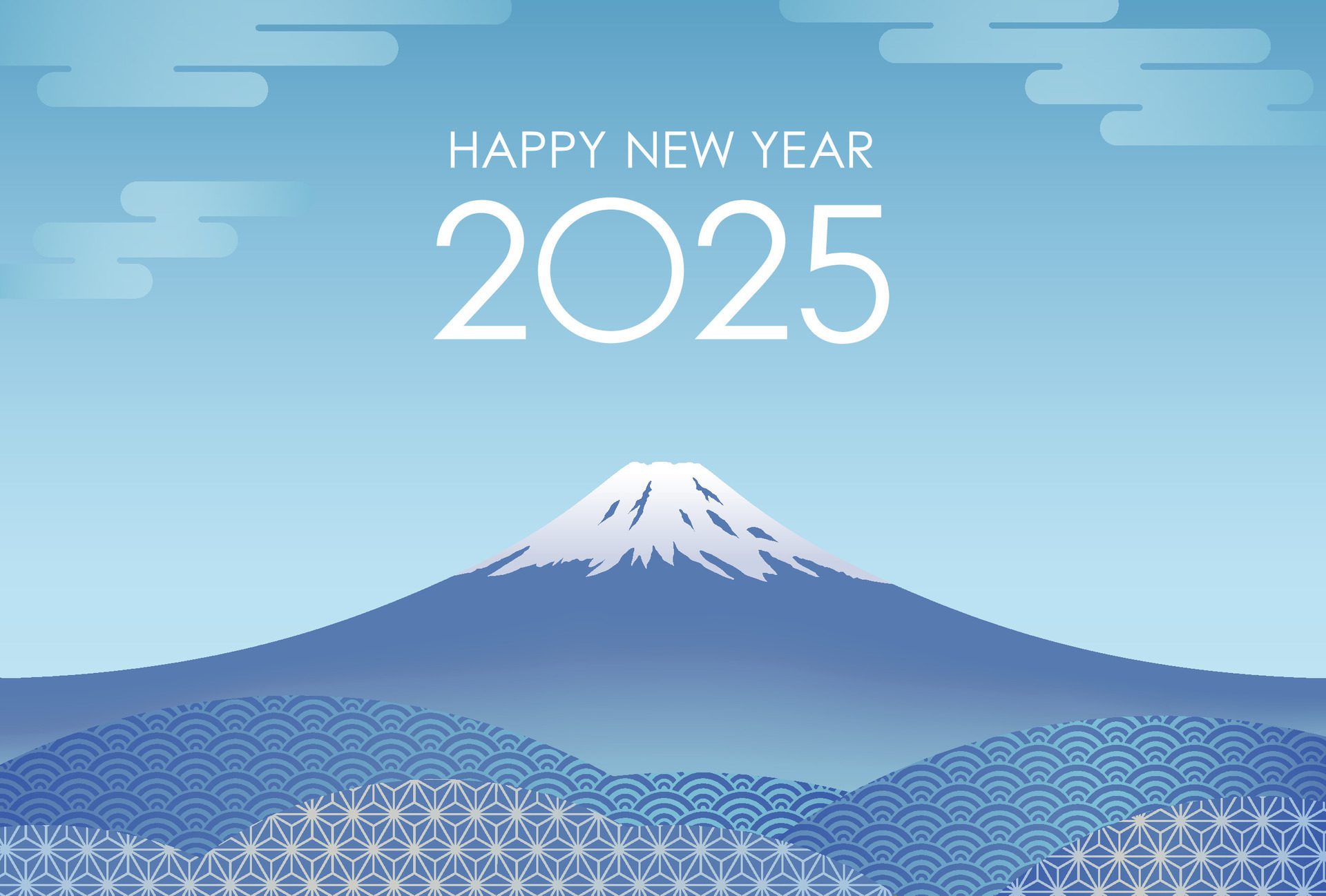 The Year 2025 New Years Greeting Card Template With Blue Sky And Mount Fuji Decorated With Vintage Japanese Patterns. Free Vector