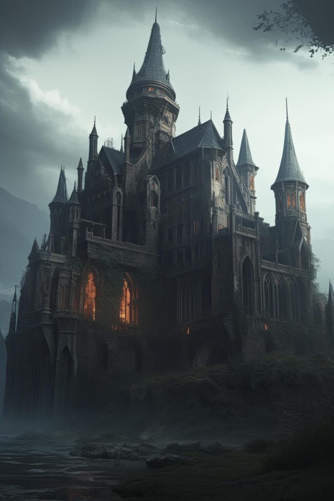 huge gothic castle with fantasy environment, Generate Ai Stock Free