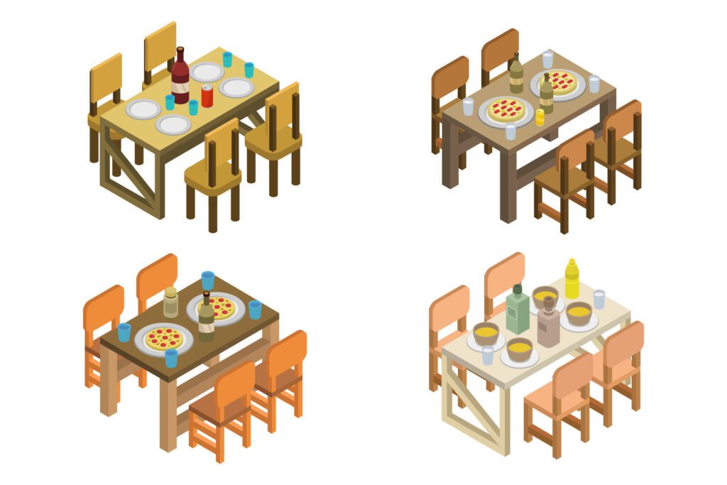 Isometric kitchen tables on white background Free Vector