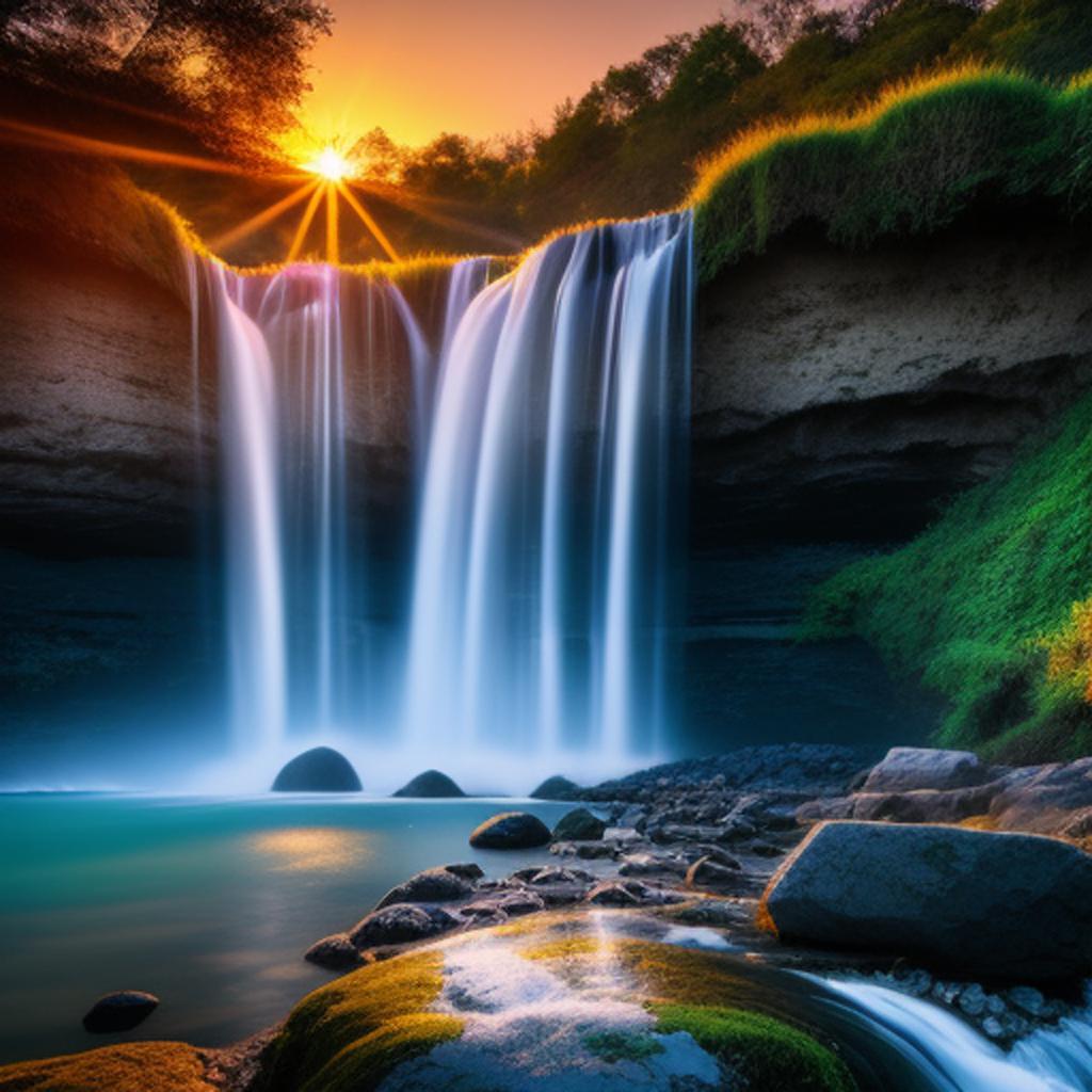 Waterfall sunrise scenery by by @ai_generated