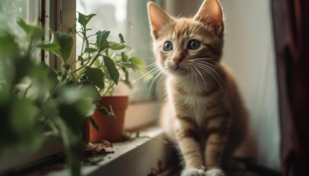 Curious domestic kitten staring out window, playful and fluffy generated by AI Free Photo