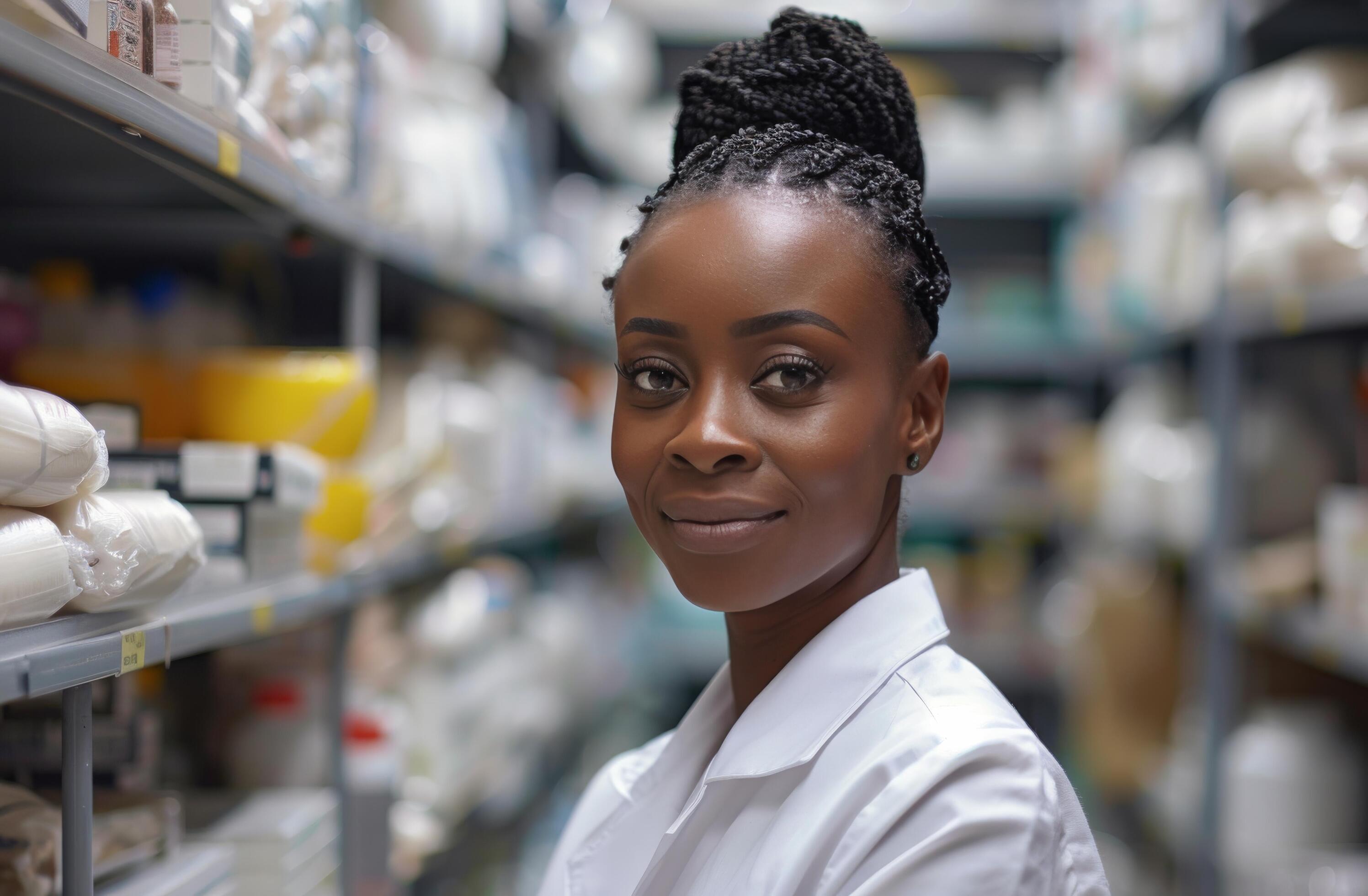 Pharmacist Woman Standing In Pharmacy With Shelves Of Medications Stock Free