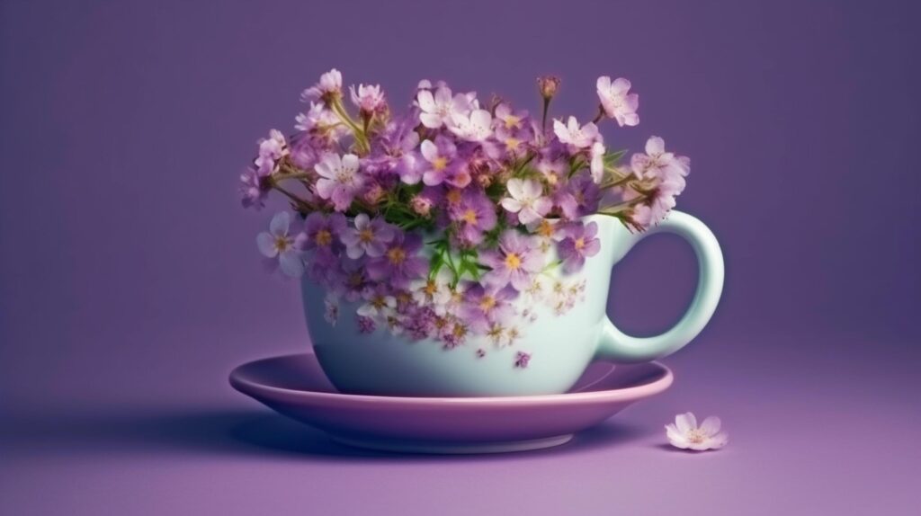 a bunch flower on a cup on purple background, Stock Free