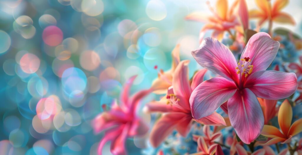 Closeup of Vibrant Pink and Orange Hibiscus Flowers With Bokeh Background Stock Free