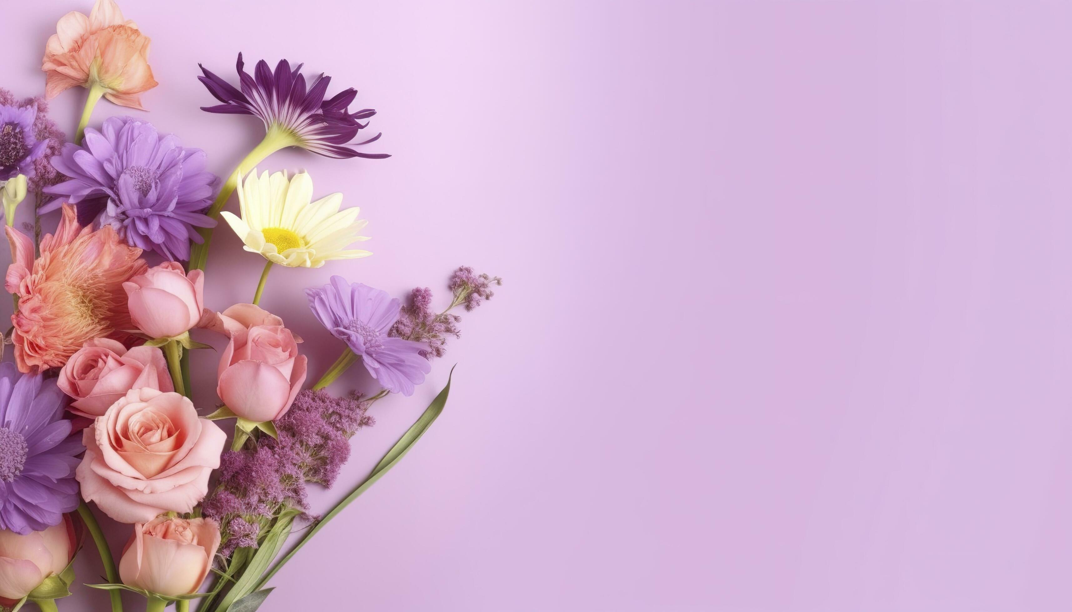 multicolored spring flowers on purple background , generate ai Stock Free