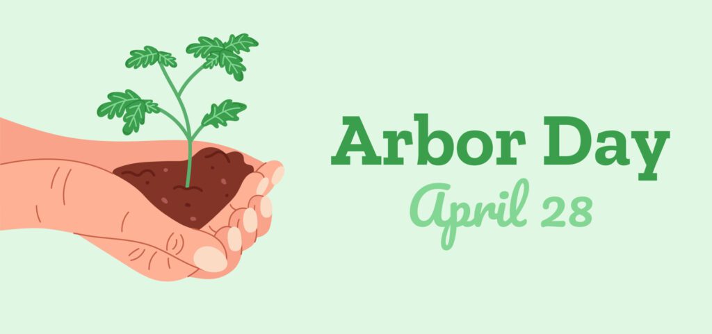 Horizontal background for celebration Arbor Day, April 28. Planting oak trees illustration. Free Vector