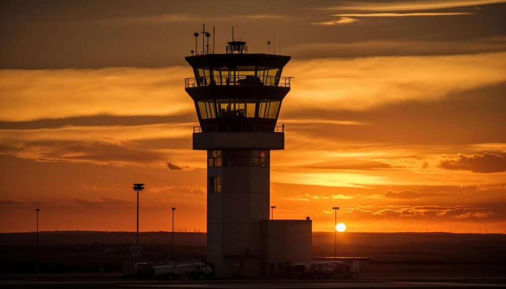 Silhouette of air vehicle back lit by orange sunset sky generated by AI Stock Free