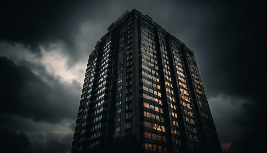 Steel skyscraper silhouette against moody sky, reflecting futuristic city life generated by AI Stock Free