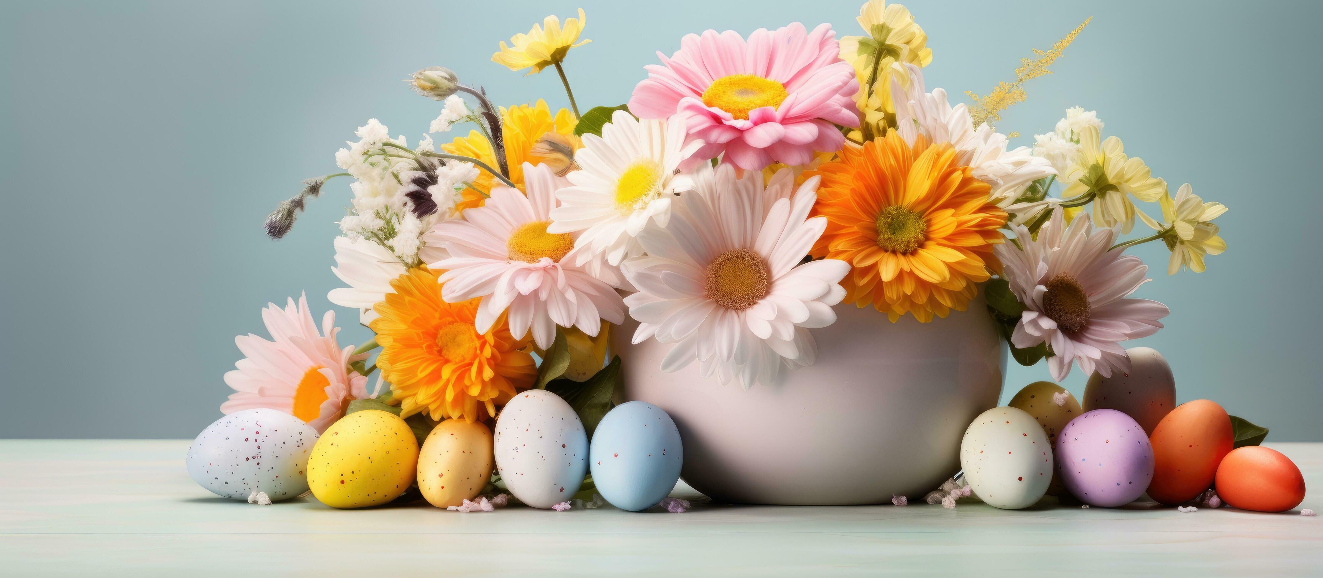 An egg adorned Easter flower arrangement Stock Free