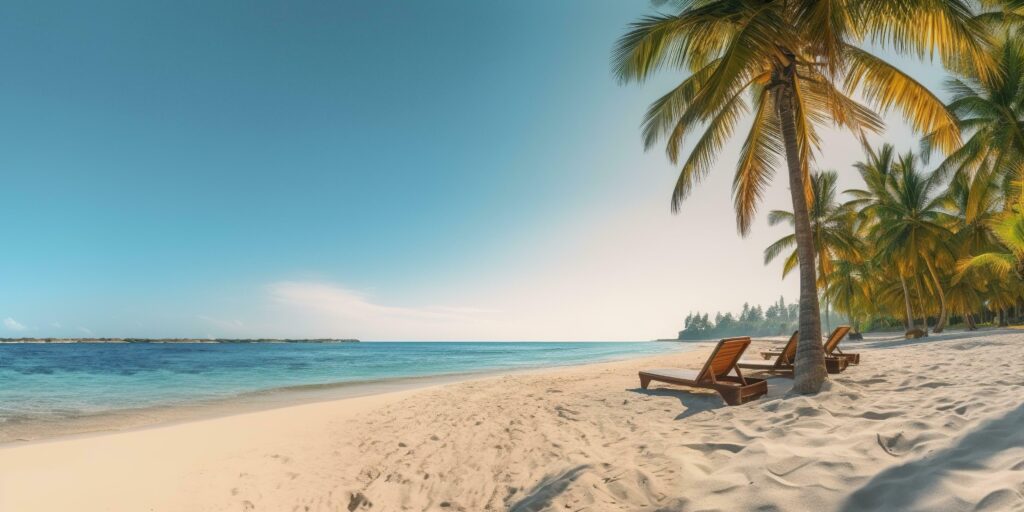 White sand and coconut plant travel tourism wide panorama background concept. Generative AI Stock Free