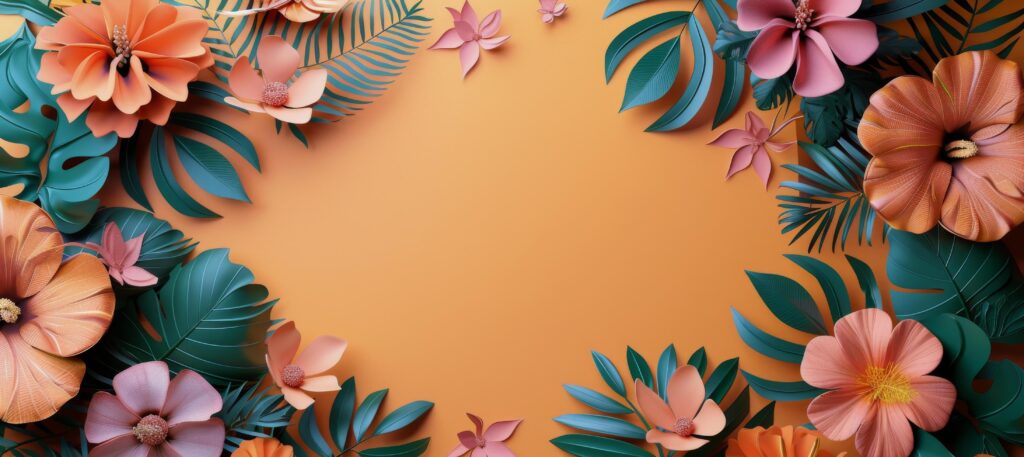 Paper Flower Arrangement With Tropical Leaves on Orange Background Stock Free